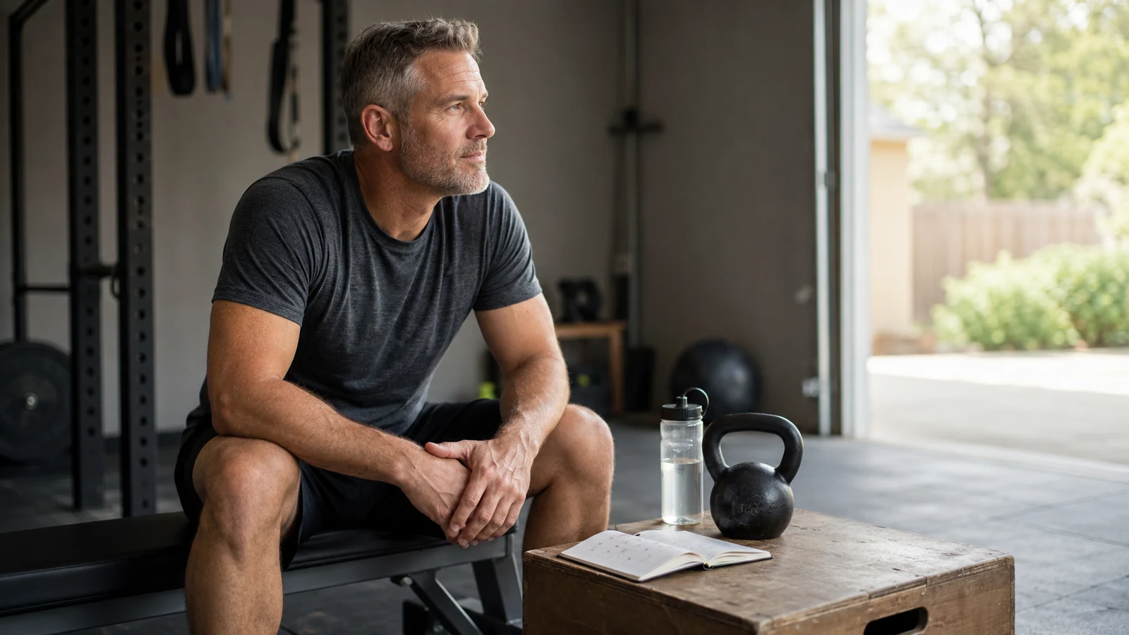 Sportler sitzt nach dem Training im Garagen-Gym neben Kettlebell, Wasserflasche und Wochenplaner.