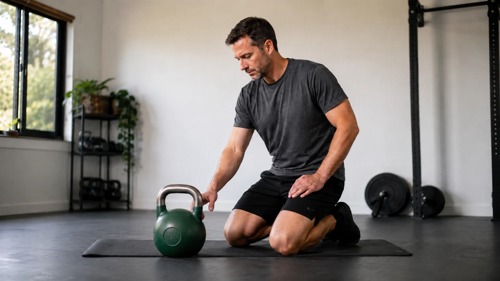 Athlet kniet neben einer Kettlebell auf einer Trainingsmatte und bereitet sich auf einen Floor Press vor.