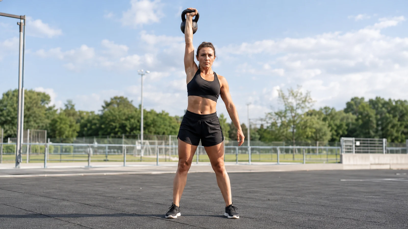Sportlerin hält eine Kettlebell nach einem Push Press über Kopf auf einer hellen Outdoor-Trainingsfläche.