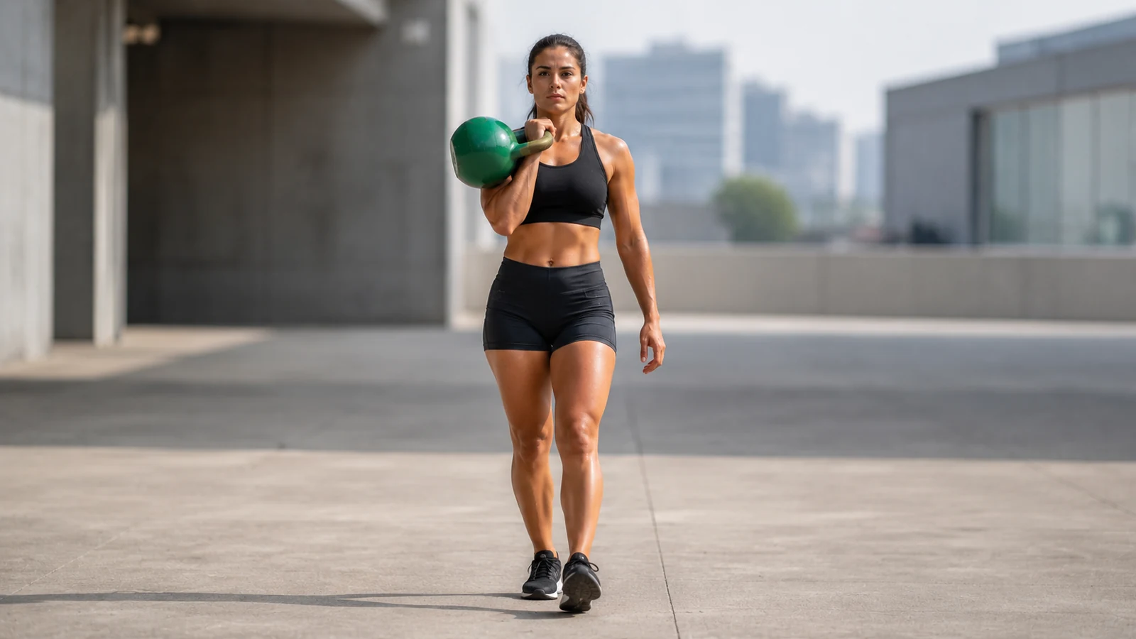 Sportlerin trägt eine grüne Wettkampf-Kettlebell in der Front-Rack-Position auf einer Outdoor-Trainingsfläche.
