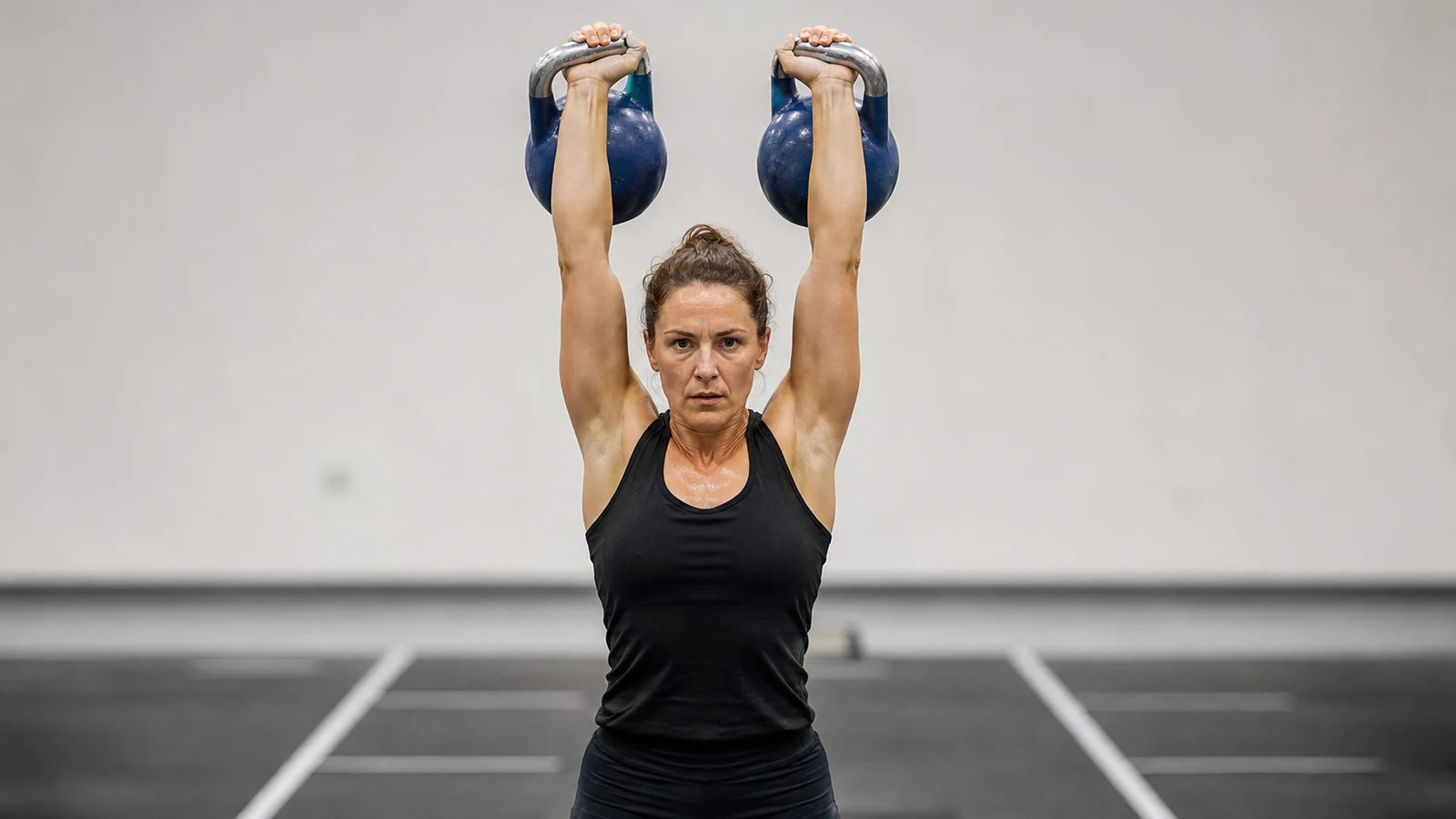 Kettlebell-Sportlerin fixiert zwei Wettkampf-Kettlebells über Kopf in einer hellen Sporthalle.